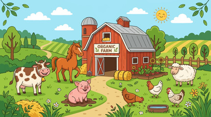 Naklejka premium A vibrant cartoon illustration depicting a cheerful organic farm scene with various happy farm animals, a red barn, silo, green fields, and a sunny sky.