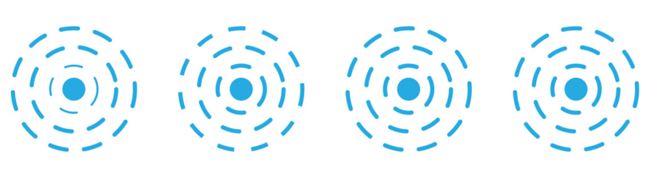 Linear set of radar icons, sonar waves, concentric radial signal circles, echo sounder symbols. Vector black and white illustration on a transparent background for interfaces and ..