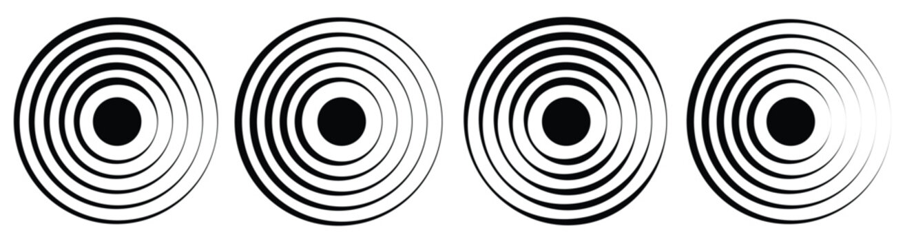 Linear set of radar icons, sonar waves, concentric radial signal circles, echo sounder symbols. Vector black and white illustration on a transparent background for interfaces and ..