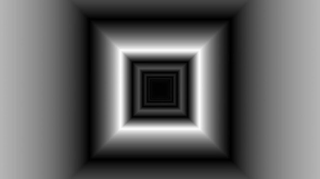 mesmerizing and hypnotic corridor representing an infinite square tunnel featuring high contrast black and white geometric patterns that draw the viewer inward