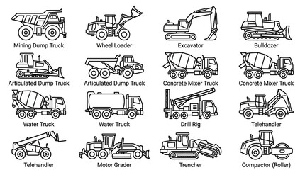 Industrial Black and White Line Drawing Icons Set of Heavy Construction and Mining Equipment Vehicles © Manto
