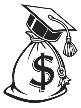 Vector illustration graduation cap on a money bag, concept of education investment and student loans