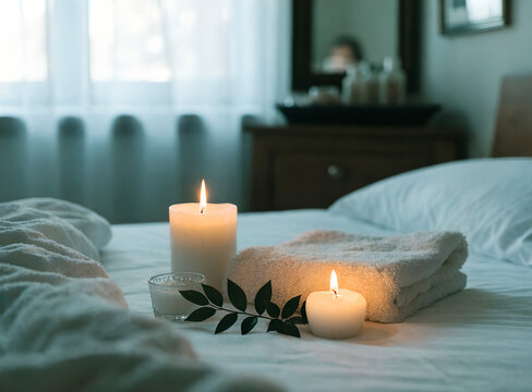 peaceful spa scene on a white bed featuring lit candles, folded towels, and a small green sprig