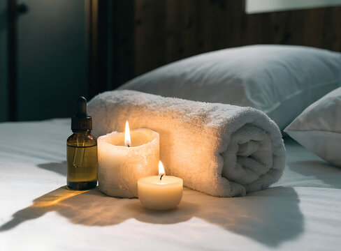 A relaxing bed arrangement featuring a neatly folded white towel, an amber dropper bottle, and warm glowing candles casting a soft light.