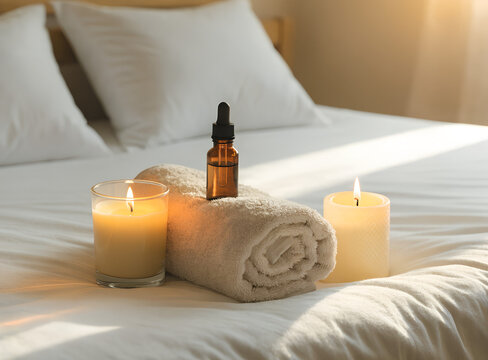 A cozy spa setup on a bed with a rolled towel, an amber bottle, and two burning candles