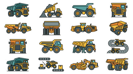 Clean Illustrations of Various Heavy Construction and Mining Equipment in Yellow Blue and Gray with high quality professional line art symbols for modern creative design and digital branding projects © Manto
