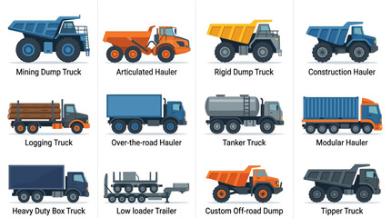 Dynamic Illustrated Guide to Heavy Duty Trucks and Haulers with Vibrant Colors and Detailed Designs © Manto