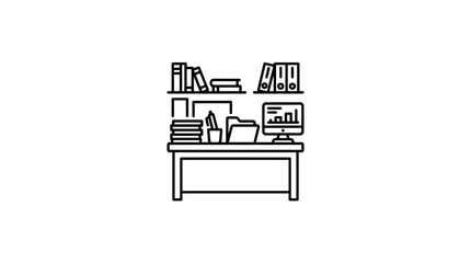 Fototapeta premium Creative Minimalist Black and White Line Drawing of a Study Workspace with Books Computer and Office Supplies