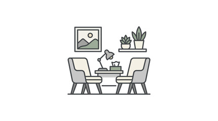 Fototapeta premium Dynamic Minimalist Line Drawing of Cozy Study Setup with Two Chairs Small Table Lamp and Indoor Plants