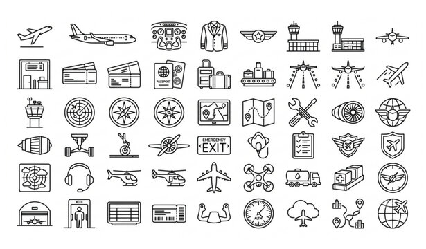 Modern Aviation Icon Pack Featuring Flight Navigation Airport Pilot Cockpit and Aircraft Maintenance Vector