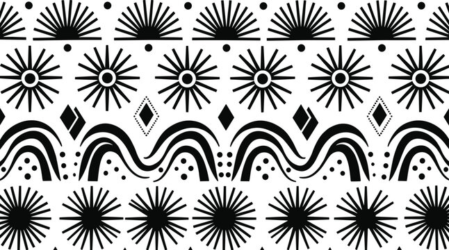 Geometric sunburst pattern, black and white, symmetrical layout, abstract waves, diamonds, dots, contrast design, decorative art, vector illustration