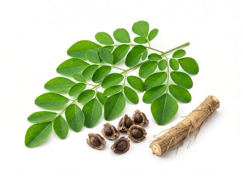 Fresh Moringa Leaves, Seeds and Root Isolated on White Background