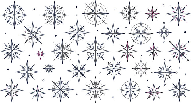Vector outline icon collection of nautical compass rose elements featuring windrose stars navigation symbols maritime geometry and celestial starburst designs