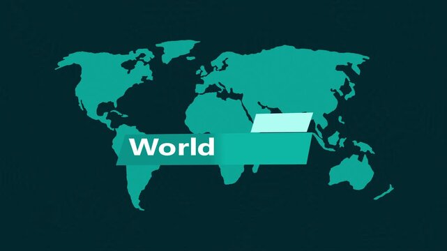 World map silhouette on deep background with news-style colorful lower-third graphic animation