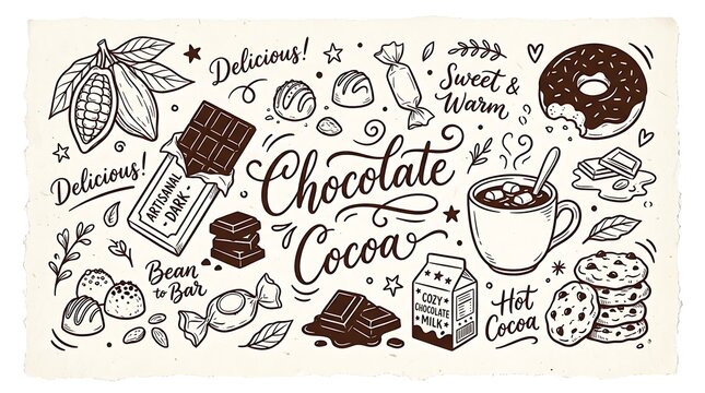 Hand drawn chocolate and cocoa set with doodle icons of cocoa bean, candy, donut, cookie, and hot drink for cafe menu design