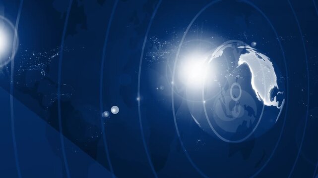 Stylized globe with bright lens flare and concentric rings overlaid world map background animation