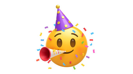 Fototapeta premium 3D render of cheerful yellow emoji wearing a purple party hat and blowing a celebration horn surrounded by colorful confetti isolated on white background with celebration confetti emoticon