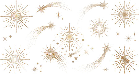 Vector collection of gold starburst design elements featuring fireworks firecrackers shooting stars comets and magic sparkles isolated on white background © Khairul