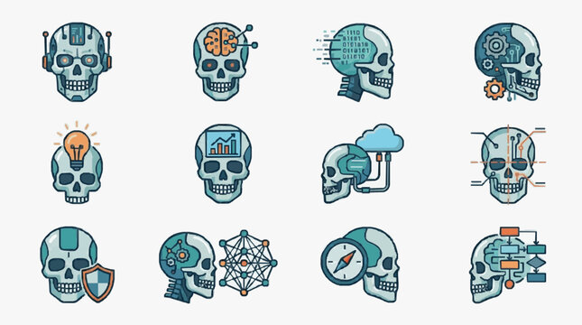 Creative Digital Skulls Infographic Set Featuring Futuristic Tech Concepts with Circuitry Binary Code Clouds AI and Data Visualization