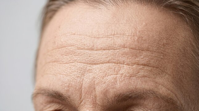 Deep horizontal forehead wrinkles and frown lines on aging mature human skin
