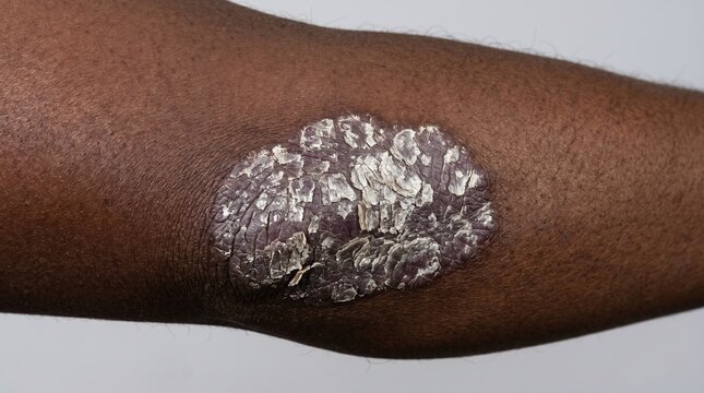 Plaque psoriasis lesion with silver scales on dark skin of a forearm or elbow
