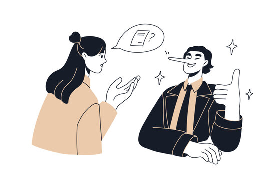 Dishonesty, deception, trick at work. Employee lying, cheating, deceiving with false answer, bad advice. Office worker misleading colleague. Flat vector illustration isolated on white background