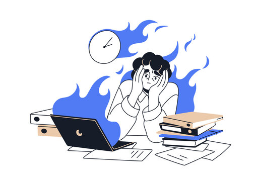 Deadline, time management problem concept. Stressed employee in fear and panic with urgent task. Office worker late with business, work pressure. Flat vector illustration isolated on white background