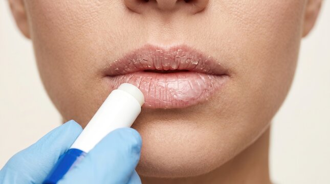 Dermatologist in gloves applying medical lip balm stick to patient severely cracked lips