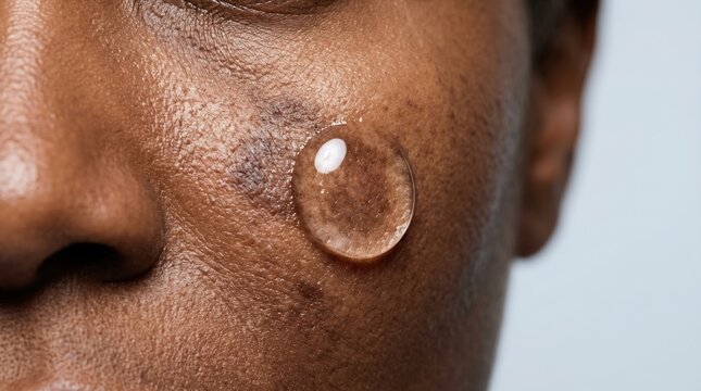Macro shot of a clear gel product droplet absorbing on dark skin with hyperpigmentation