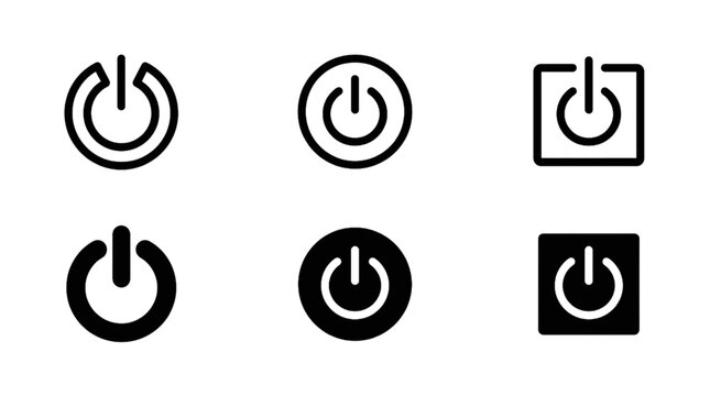 Minimalist Power Button Vector Icon Collection with Three Solid and Outline Power Switch Designs Isolated on White Background