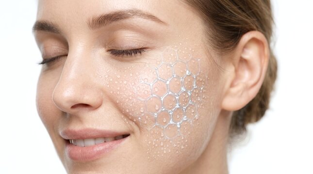 Smiling woman face with water droplets and digital skin barrier mesh grid overlay