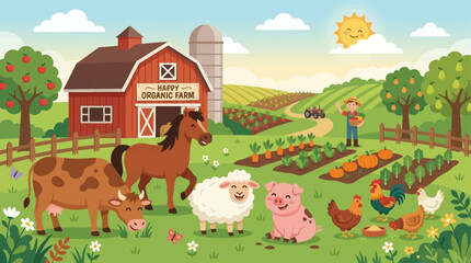 Naklejka premium A cheerful cartoon farm scene with various animals, a farmer, barn, silo, and cultivated fields under a sunny sky.