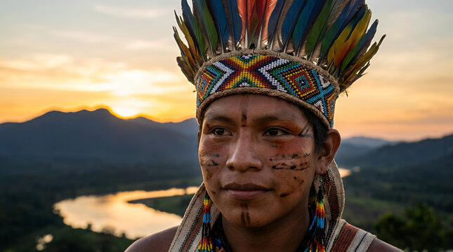 Indigenous man in colorful feather headdress at sunset.