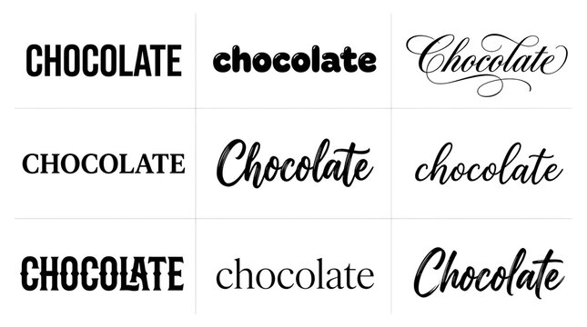 Set of nine distinct chocolate typography designs featuring various serif, sans-serif, and elegant script fonts for branding