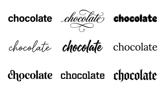 Collection of chocolate word typography designs featuring various elegant and modern sans-serif and script font styles for branding