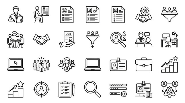 Recruiter Hiring Process Vector Icon Set with Job Search Interview Resume Career Development and Human Resources Elements