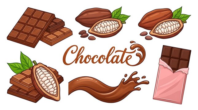 Chocolate collection with cocoa pod, bean, bar, and liquid splash for confectionery branding and food packaging design