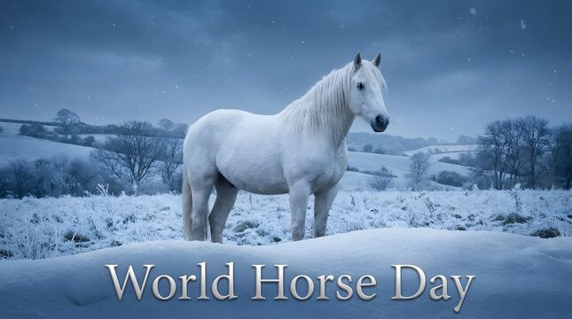 Majestic white horse standing in snowy winter landscape with 'world horse day' text