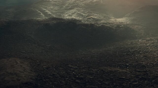 A rocky terrain displays rough surfaces and shadows in low light. The environment appears barren with no plants. Mist hangs in the air as sunlight barely reaches the ground.