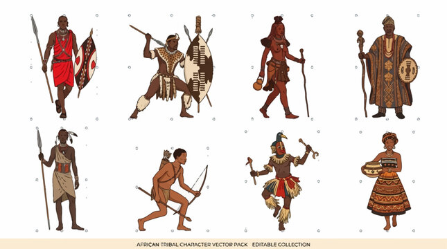 Eight diverse African tribal characters in traditional attire, showcasing various cultural roles and activities, in a detailed vector illustration.