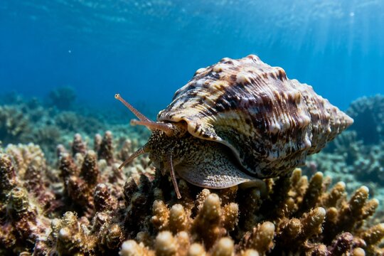 Triton snail extending its tentacles on a coral reef with a visible spiral shell.