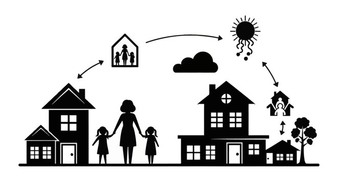 Black and white vector infographic illustrating families adapting homes for climate change featuring silhouette houses mother with children weather icons and cycle process arrows