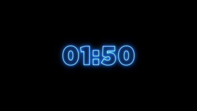 Abstract neon timer for 2 minutes countdown with reflection count animation on a black screen. Neon orange digital number clock with reflection.