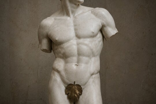 Classical marble sculpture of a male torso with bronze leaf covering.