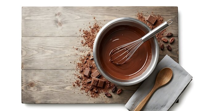 Melted chocolate in a metal bowl with a wire whisk on a rustic wooden table with cocoa powder and chocolate chunks