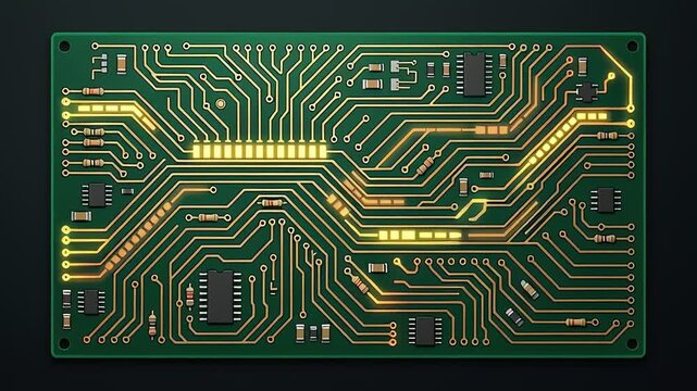 Glowing energy pulses moving through green electronic circuit board