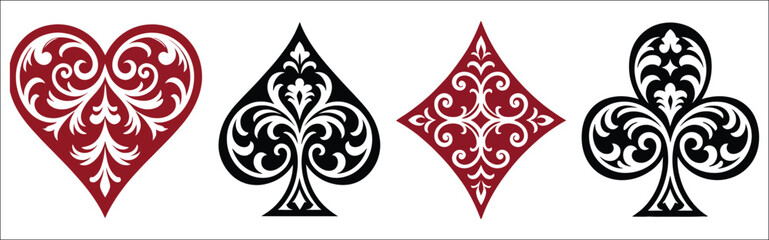 Playing card suit symbols with elegant floral heart, spade, diamond, and club designs for casino, gaming, and ornamental graphics, vector, designs © Vector Creator