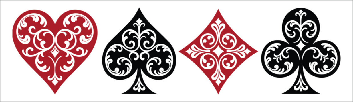 Playing card suit symbols with elegant floral heart, spade, diamond, and club designs for casino, gaming, and ornamental graphics, vector, designs