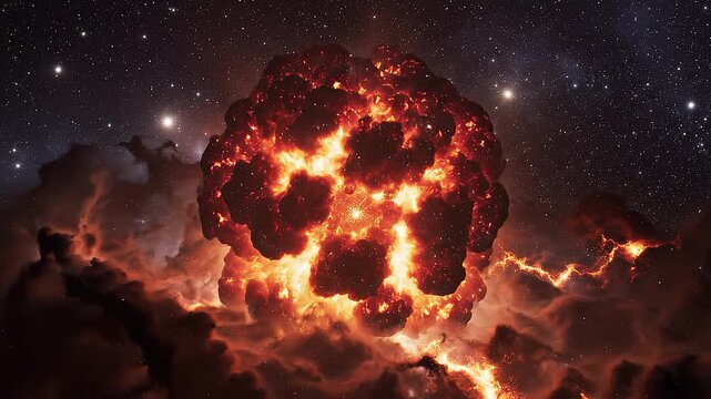 Cinematic supernova explosion with fiery nebula clouds in deep space