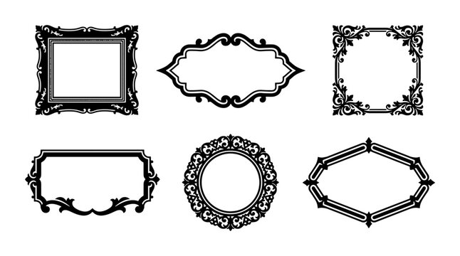 Ornate Vintage Frames Collection, Decorative Black Vector Borders, Elegant Scrollwork Design Elements